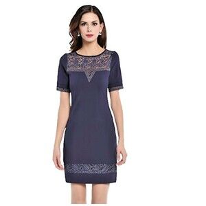 Vtg. Elegant Sheath Dress Sz XL Navy Blue Lace Accents Studs Knit Y2K EUC